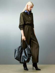 Airlisse Vintage Military Green Collared Shirt With Drawstring Jumpsuit, Suitable For Spring And Autumn Fall Cloth For Women