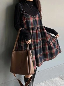 FRIFUL 女式格纹肩带蝴蝶结交叉 A 字形多层拼接休闲背心，秋季