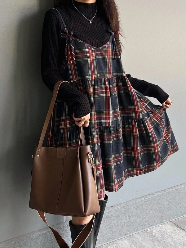 FRIFUL Blusa regata feminina xadrez com alças, laço cruzado, corte A, patchwork em camadas, casual, outono