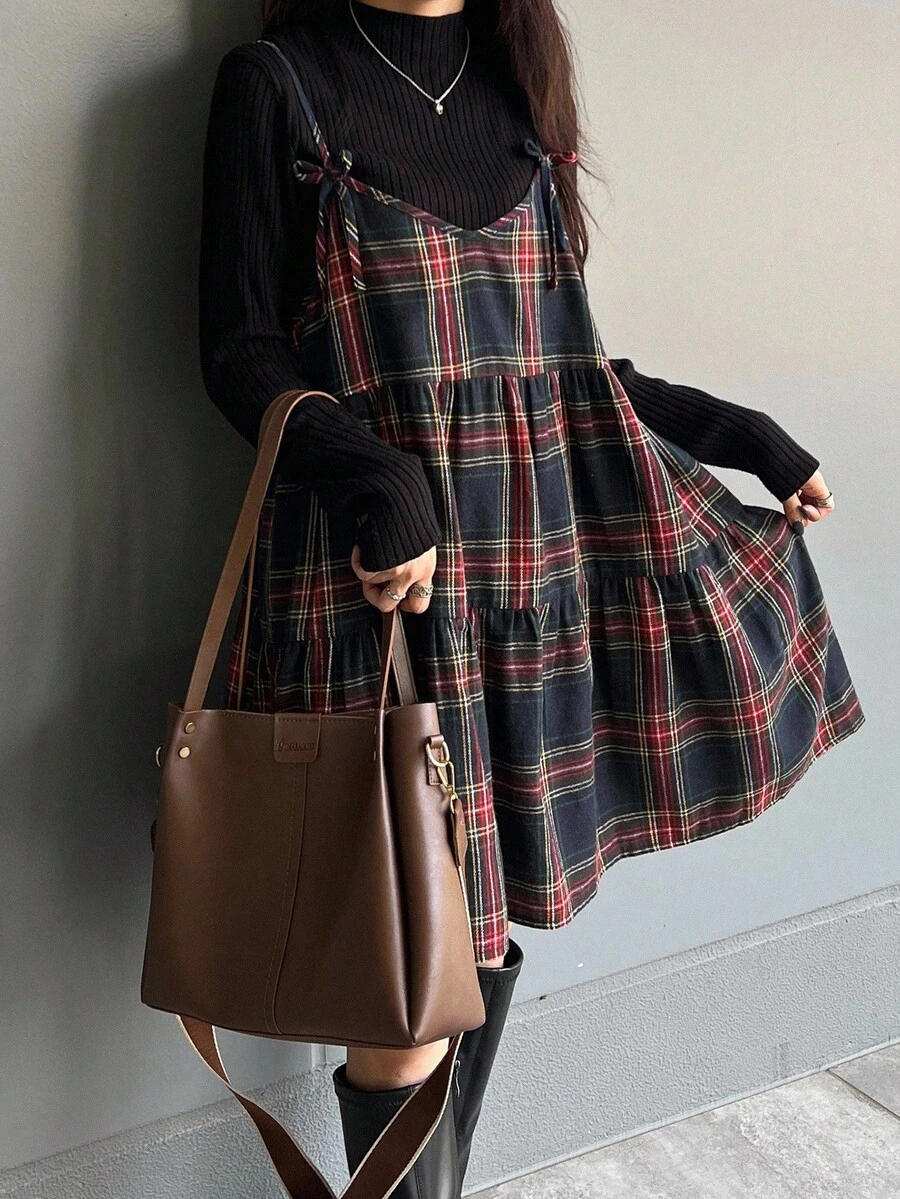 FRIFUL 女式格纹肩带蝴蝶结交叉 A 字形多层拼接休闲背心，秋季