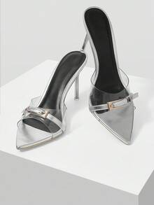 Mnmlis Sandalias de tacón alto transparente con punta puntiaguda y hebilla para mujer - Plateado - Ver 10