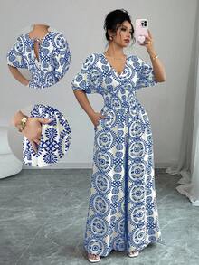 Elenzga Prendas de vestir de estilo de vacaciones, monos con cuello en V, manga abultada, cintura elástica y pierna ancha con falda incorporada