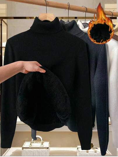 SHEIN LUNE Plus Size Solid Color Turtleneck Fleece Sweater, Winter Knit Pullover Fall Outfit