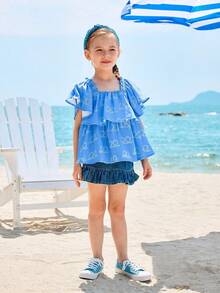 Joliand Joliand 1 pieza Blusa holgada de niña joven con patrón azul anudado de estilo urbano elegante, adecuada para uso casual, diario, salidas, hogar, playa, verano