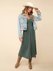 Coeurva Váy ôm sát lưng không tay màu trơn đi nghỉ mát dành cho nữ, váy mùa hè, đi biển - màu xanh lá - Xem 1