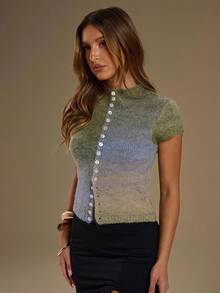 SHEIN BAE 女士单排纽扣渐变色短靴和休闲常规针织上衣 - 灰色 - 查看 4