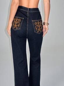 Avantive 女式复古休闲刺绣细节喇叭牛仔裤 - 藍色 - 查看 5