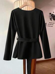 SHEIN Clasi Chemise à manches longues col V couleur unie pour femmes grandes tailles - Noir - Voir 2