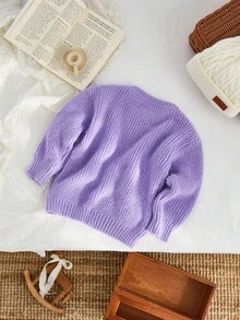 SHEIN Playful Pals 女童紫色碎花毛衣，可爱3D立体花朵设计，日常休闲百搭。紫色碎花毛衣，女童紫色毛衣，紫色毛衣，紫色毛衣，女童毛衣，女童秋季毛衣，女童冬季毛衣。 - 紫色 - 查看 2