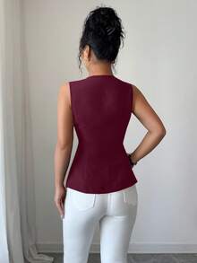 Selianne 时尚无袖收腰黑色夹克，金色纽扣装饰，适合春夏季日常穿着 - 酒紅色 - 查看 2