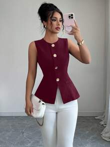 Selianne 时尚无袖收腰黑色夹克，金色纽扣装饰，适合春夏季日常穿着 - 酒紅色 - 查看 4