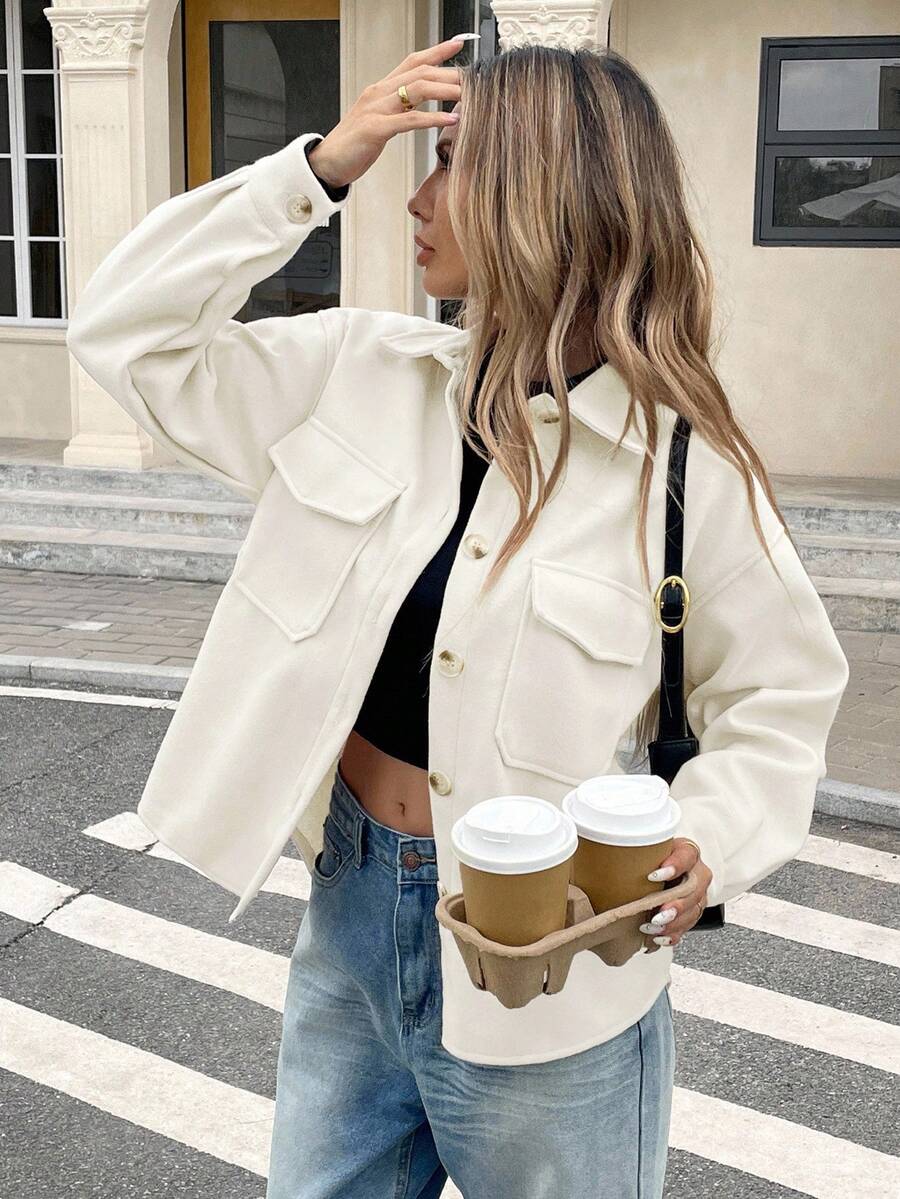 Serisse Women's Casual Solid Color Front Button Dropped Shoulder Jacket, Autumn,Fall Winter White - White - View 1