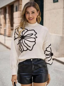 EMERY ROSE Floral Pattern Drop Shoulder Mock Neck Sweater,Long Sleeve Tops Knit Pullover Fall Winter Sweater - White - View 4