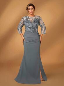 Serin 加大码优雅奢华黑色圆领透明中袖蕾丝刺绣褶饰开衩鱼尾连衣裙，适合婚礼、单身派对、度假、庆典、孕妇正装（重度装饰） - 灰色 - 查看 4