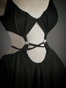 SHEIN ICON 女式性感万圣节吸血蝙蝠不对称下摆系带迷你连衣裙 - 黑色 - 查看 7