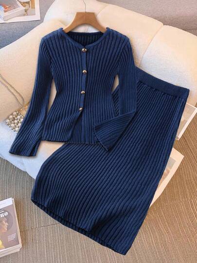Modelyn 秋冬女士纯色长袖毛衣和裙子套装
