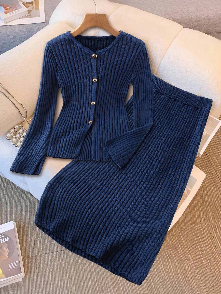 Modelyn 秋冬女士纯色长袖毛衣和裙子套装 - 藍色 - 查看 1