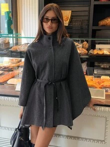 Aloruh 女士秋冬优雅高领蝙蝠袖收腰羊毛混纺大衣 - 灰色 - 查看 4