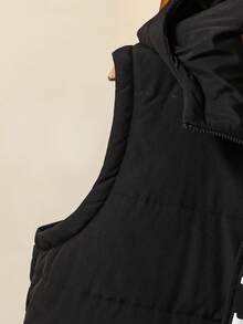 Teenage Boys Casual Letter Print Hooded Vest Padded Coat, Suitable For Daily Casual Wear And School, Autumn/Winter Fall - Black - View 4