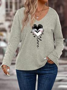 EMERY ROSE New Plus Size Women's Fashion Heart Print V-Neck Long Sleeve T-Shirt - Apricot - View 4