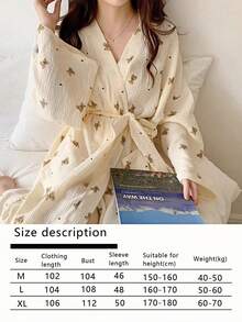 SHEIN 1 件女式睡袍 - 简约欧式长袖睡衣家居服，可爱小熊印花，轻薄材质，纯色，春秋夏季家居浴袍，小码至加大码，婚礼派对，水疗浴室装饰 - 米色 - 查看 6