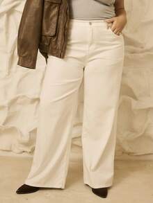 Aralina 大码休闲 Y2K 可爱曲线秋冬高腰贴袋细节阔腿牛仔裤 女士教师节和生日礼物 - 白色 - 查看 4