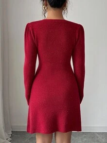 Elenzga Women's Autumn/Winter New Rose Button Decor V-Neck Fitted Shiny Knit Mini Sweater Dress