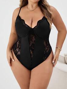 SHEIN CURVE+ Plus Size Women Halloween Lace Sexy Bodysuit/Autumn /Winter - Black - View 5