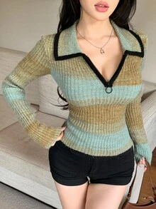 DAZY 女士时尚休闲修身性感针织毛衣，彩色扎染条纹撞色拼接毛绒半开襟，秋冬Y2K风格 - 墨綠色 - 查看 5