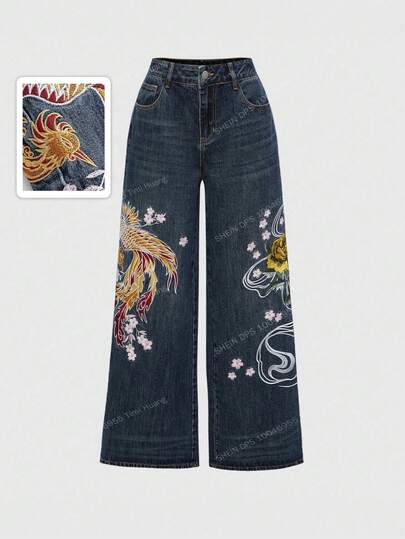 Fairycore Vintage Y2K Streetwear-Jeans mit weitem Bein und Stickerei von chinesischem Drachen & Pfingstrose, unisex