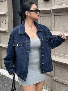 Dazy Plus 大码女式深水洗蓝色宽松翻领长袖休闲外套，春秋夹克