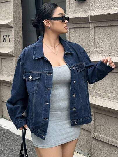 Dazy Plus Plus Size Women Dark Washed Blue Loose Turndown Collar Long Sleeve Casual Shacket, Spring/Autumn Jacket