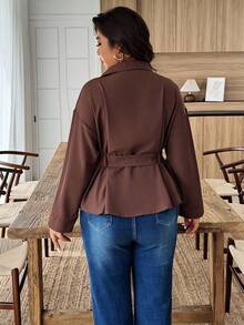 Weeklong Camisa casual de mujer de talla grande de unicolor, de manga larga, de una sola hilera de botones y con bolsillo - Café integral - Ver 2