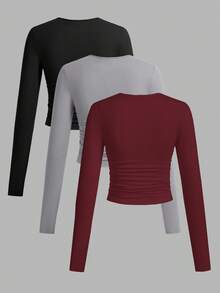 SHEIN EZwear 3件套女士休闲纯色圆领褶皱长袖T恤，黑色、灰色、酒红色，秋冬 - 彩色 - 查看 2