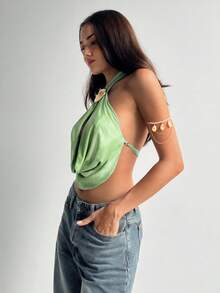 Aloruh 女士性感优雅交叉低胸镂空扎染印花露背吊带上衣 - 綠色 - 查看 8