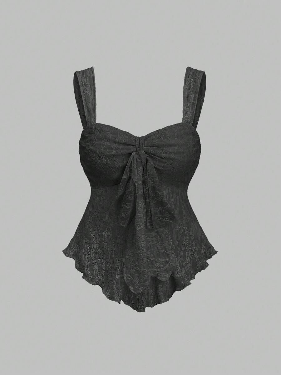 Sweetra 女士蝴蝶结纹理印花短款吊带背心 - 黑色 - 查看 1