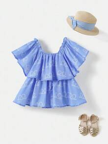 Joliand Joliand 1 pieza Blusa holgada de niña joven con patrón azul anudado de estilo urbano elegante, adecuada para uso casual, diario, salidas, hogar, playa, verano