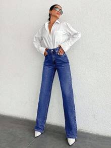 SHEIN Tall 高腰休闲直筒牛仔裤 - 深色水洗藍 - 查看 4