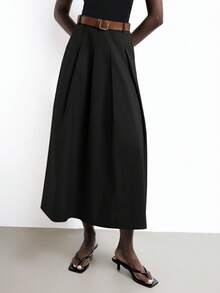 Maija 2025夏季新款黑色高腰褶裥侧袋PU皮可拆卸金属腰带半身裙，优雅百搭，适合派对和办公通勤。