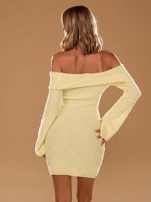 SHEIN BAE 1pc Women's Slim Pale Yellow Off Shoulder Solid Color Long Sleeve Elegant Knitted Dress,Autumn Winter Fall Sweaters Clothes,Dinner Date Dress - Yellow - View 6