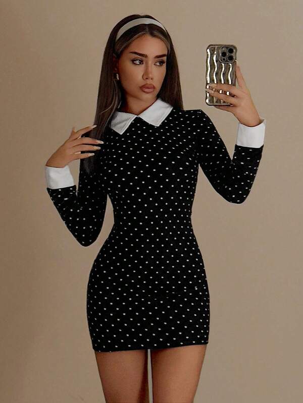 SHEIN ICON 女式修身黑白波尔卡圆点撞色领口“星期三”迷你连衣裙