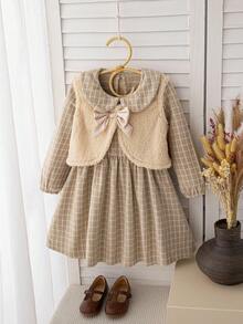 SHEIN 2 件套年轻女孩秋冬装，精致优雅风格加厚背心和格子连衣裙 - 杏色 - 查看 6