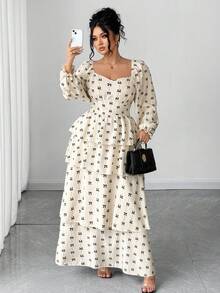 Elenzga Women's Square Neck Long Dress, Elegant Dress For Outings And Parties - Apricot - View 1