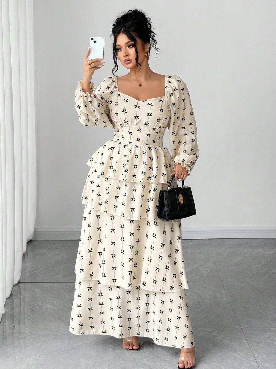 Elenzga Women's Square Neck Long Dress, Elegant Dress For Outings And Parties - Apricot - View 1