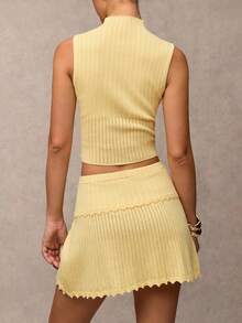 SHEIN BAE 女士休闲纯色时尚高领无袖毛衣 - 黃色 - 查看 3