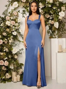 SHEIN Belle 女士纯色侧开衩下摆优雅细肩带伴娘礼服（成人款） - 霧霾藍 - 查看 3
