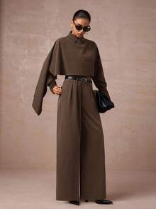 Lumalex 秋冬款女士高腰收腰中长款西装外套（披肩袖）2 件套 - 咖啡棕 - 查看 4