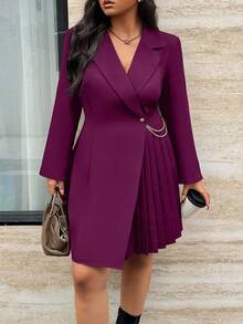 Calvaya Vestido envolvente plisado de unicolor elegante talla grande, adecuado para ir al trabajo - Morado - Ver 4
