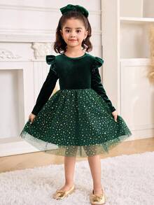 Vestido de fiesta, vestido de Navidad, estilo de palacio lujoso para niña joven con parches de terciopelo, malla brillante con estrellas - Verde - Ver 9
