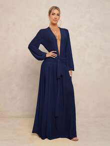 Lumalex Damen extra langes Kleid mit Leggings, transparenter V-Ausschnitt, Puffärmel, geraffter Bindedetail, abnehmbarer Metallschnalle und Oversized Rock - marineblau - Übersicht 6